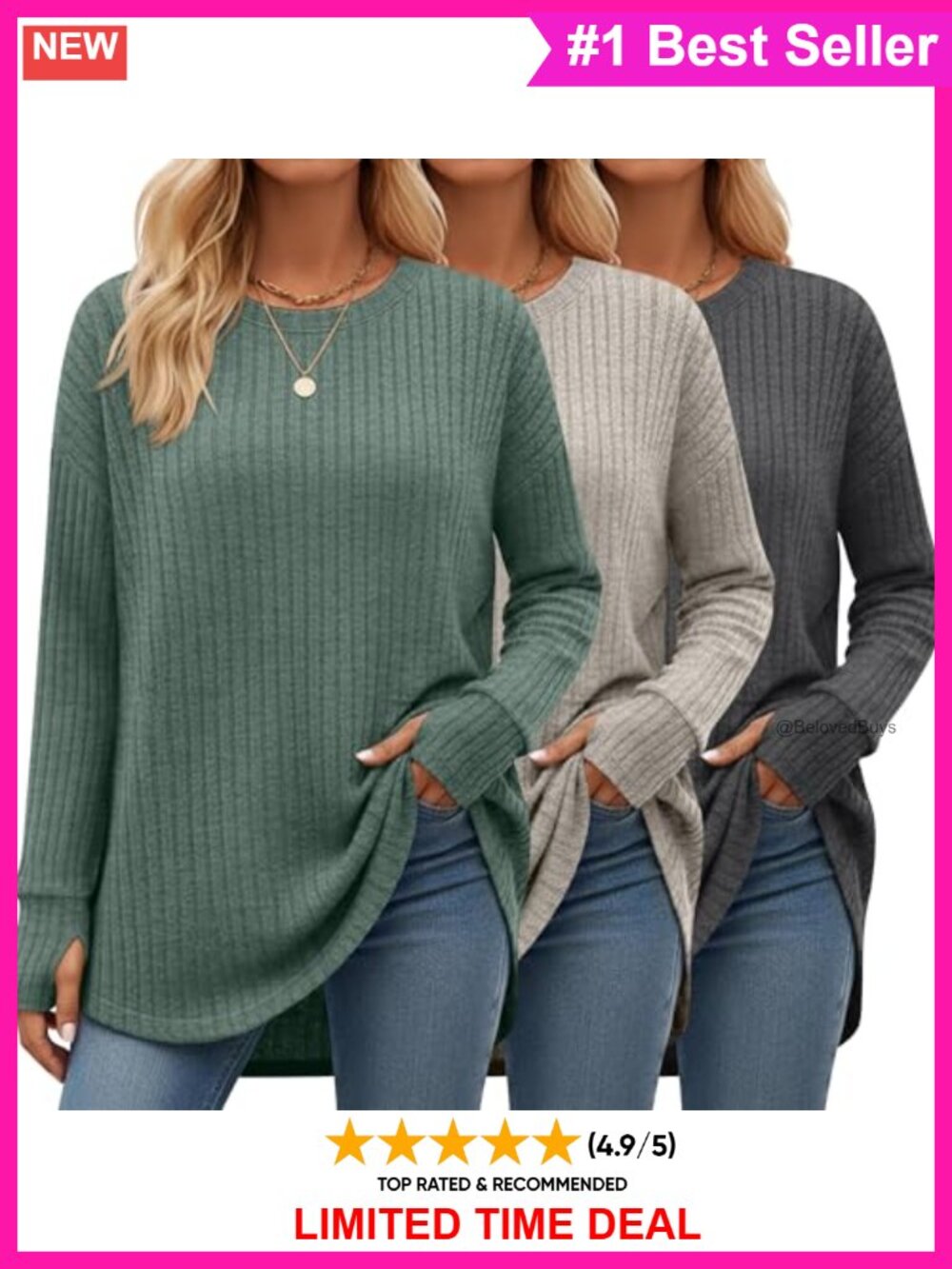 Women's Ribbed Long Sleeve Tops 3 Pack Thumb Hole Loose Fit Crew Neck
